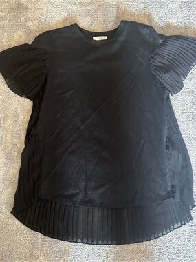 Sandro Paris Black Back Pleated Top with Pleated Flutter Sleeves